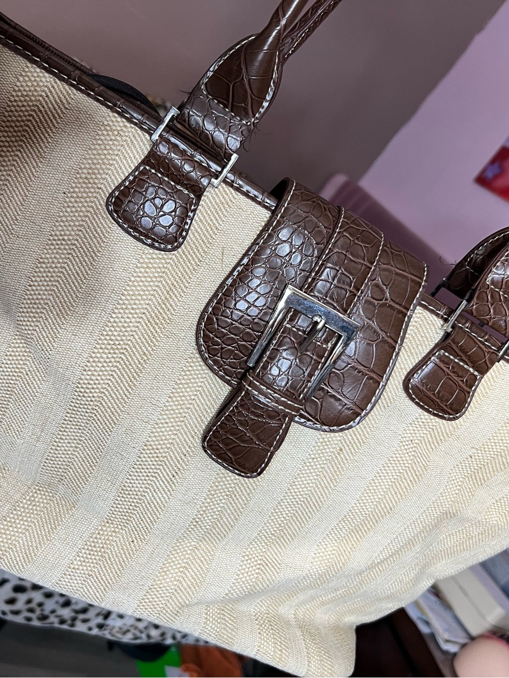 Merona Beige Canvas Tote with Brown Croc-Texture Trim